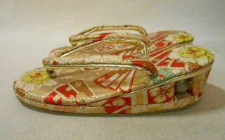 01 Japanese Kimono Zori Shoes Kid Red Gold Silk Fabric For 3 years w/ Bells 4