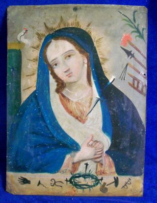 Spanish Religious Painting On Tin Retablo Mexico Folk Art - Blessed Virgin Mary