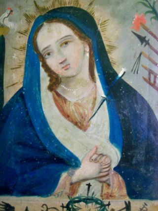 SPANISH RELIGIOUS PAINTING ON TIN RETABLO MEXICO FOLK ART - BLESSED VIRGIN MARY 2