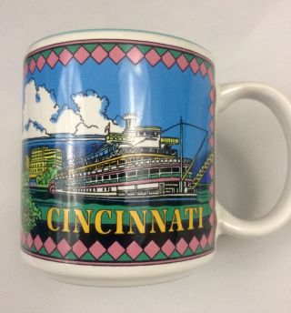 Vtg Cincinnati Ohio Souvenir Coffee Mug Cup Riverboat City Landmarks Skyline 90s