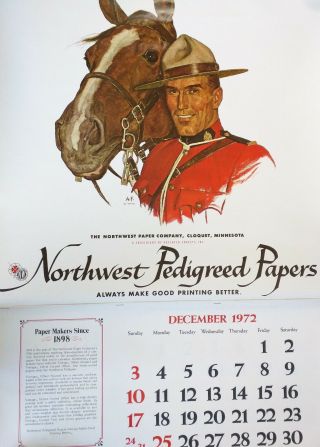 Northwest Paper Company Advertising Calendar 1972 Friberg Rcmp Mountie 2ft X 3ft