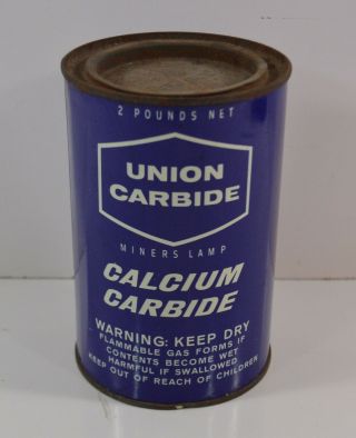 Vintage Union Carbide Miner ' s Lamp Calcium Carbide 2 Pound Can Half Full USA 2