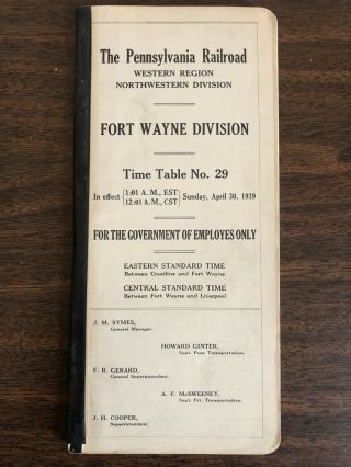 1939 Pennsylvania Railroad Western Region Fort Wayne Employee Time Table No.  29