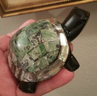Green Sea Turtle Vtg Obsidian Gemstone Abalone Shell Mexican Paperweight Art