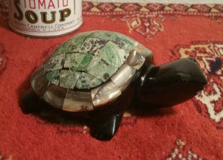 GREEN SEA TURTLE vtg obsidian gemstone abalone shell mexican paperweight art 2