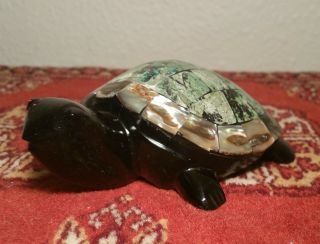 GREEN SEA TURTLE vtg obsidian gemstone abalone shell mexican paperweight art 3