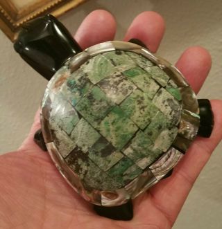 GREEN SEA TURTLE vtg obsidian gemstone abalone shell mexican paperweight art 6