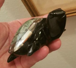 GREEN SEA TURTLE vtg obsidian gemstone abalone shell mexican paperweight art 7