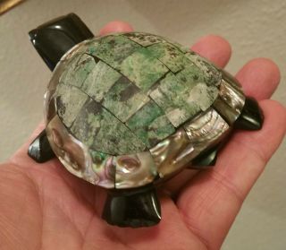 GREEN SEA TURTLE vtg obsidian gemstone abalone shell mexican paperweight art 8