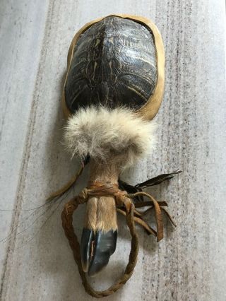 Native American Indian Dance Turtle Shell Deer Fur Leather Rattle