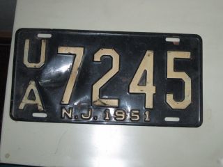 Vintage Jersey Ua 7245 N.  J.  Nj 1951 Black Metal License Plate Tag