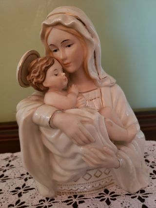 Madonna Virgin Mary Baby Jesus Porcelain Bust Figurine Music Box Gold