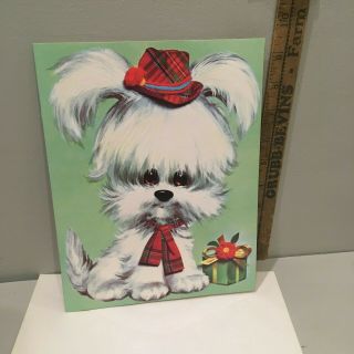 Vintage Big Eyes Westie Dog Puppy Birthday Card Tartan Plaid Nursery Art Print