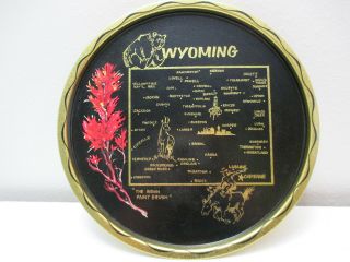 Vintage Wyoming State Souvenir Metal Tray Platter Wall Plaque Black Gold 11 " D