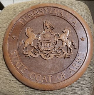 Rare Vintage 15 Inch Pennsylvania State Coat Of Arms Crest Wood & Resin Plaque