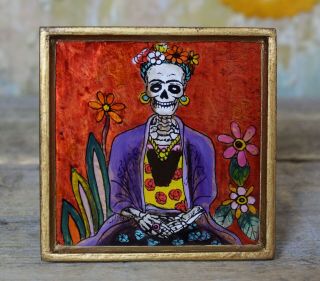 Dias De Los Muertos Frida églomisé Hand Painted On Glass Framed Peru Folk Art