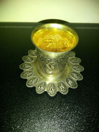 Judaica Sterling Silver 107.  6g Kiddush Cup With Plate Holds Approx 6 Ozs Liquid