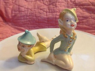 Vintage Fairy Elf Pixie Pair Figurines Bisque Porcelain Holland Mold Antique Set
