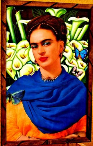 Art Print/painting Mexico Wood Framed Frida Kahlo " Blue Butterflys " 17 " X13 " Large