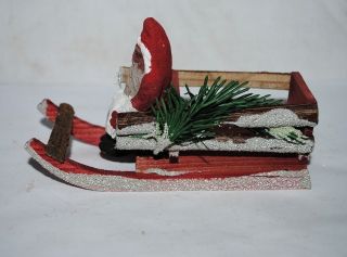 Early German Santa On Wooden Sleigh,  Mica Sides,  5 " Long