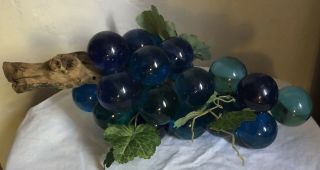 Vintage Vivid Blue Acrylic Lucite Grape Cluster With Driftwood Mid Century