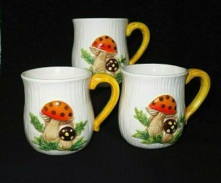 3 Vintage Merry Mushrooms Coffee Mugs Sears Orange & Brown Ceramic
