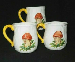 3 Vintage Merry Mushrooms Coffee Mugs Sears Orange & Brown Ceramic 2