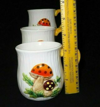 3 Vintage Merry Mushrooms Coffee Mugs Sears Orange & Brown Ceramic 5