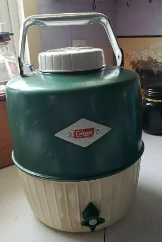 Vintage 1970 Coleman Green Metal 2 Gallon Thermos Cooler Water Jug Beverage Cup