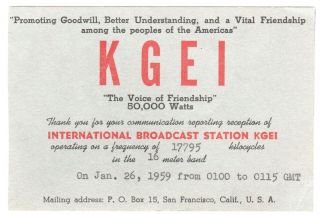 Qsl,  Shortwave Station Kgei,  San Francisco,  California,  1959
