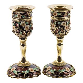 Artistic Charming Judaica Decor Enamel & Crystals Candlesticks Holders By Karshi