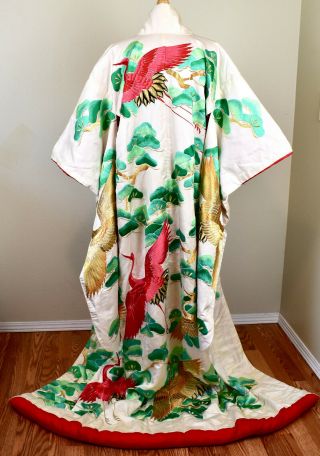 Vtg Japanese Uchikake Wedding Silk Kimono Embroidery Cranes Metallic Thread