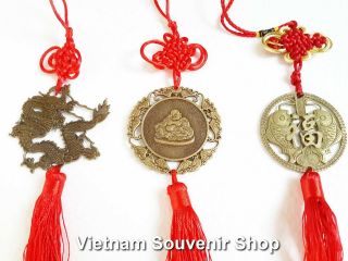 Set 3 Feng Shui Coin - Handmade Lucky Coin With Fish - Hanging Wall Decoration
