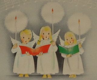 Vintage Christmas Card,  Sweet Angels Singing With Candles,  5 1/4 "