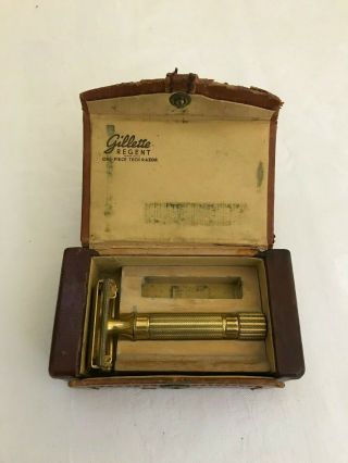 Vintage Goldtone Gillette Regent Razor With Leather Case 1944 - 1945