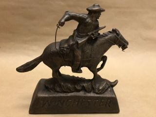 Vintage Winchester Cast Bronze Horse And Cowboy Heavy Advertising Statue Figure