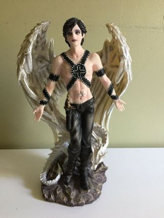 Male Gothic Dark Angel Fairy With Dragon 10.  5 " Statue