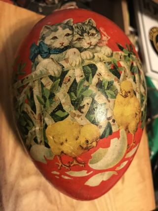 Circa 1900 Large German Paper Maches Easter Egg Kittens Chicks Candy Container
