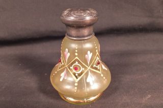 Antique Moser Art Glass Dresser Perfume Decanter Bottle Vaseline Rubies & Silver