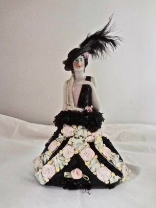 Antique Porcelain Spanish Señorita Half Doll Corks Perfume Bottle Net Jet Roses
