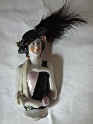 Antique Porcelain Spanish Señorita Half Doll Corks Perfume Bottle Net Jet Roses 6