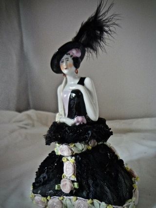 Antique Porcelain Spanish Señorita Half Doll Corks Perfume Bottle Net Jet Roses 7
