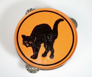 Vintage Halloween Black Cat Toy Tambourine Tin Litho Noise Maker - 55529