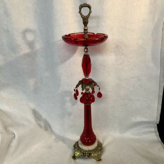 Vintage Ornate Red Glass Smoking Stand,  Ashtray With Red Crystal Prisms