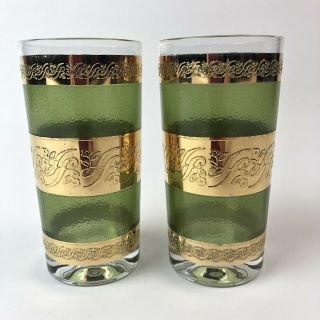 Vtg Culver Starlyte Glass Tumbler Glasses Mid Century Green Gold Scroll 2 Piece