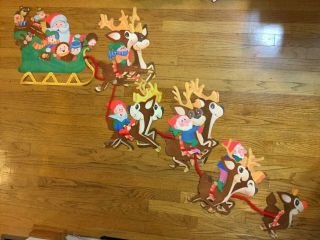 Vintage Large Christmas Flocked Reindeer Elves Diecut Decoration Santa Sleigh