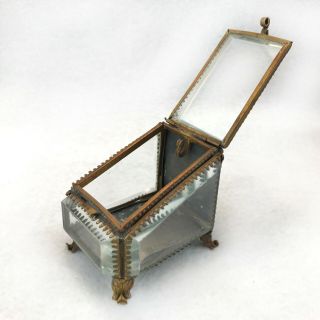 Antique Filigree Beveled Glass Ormolu Jewelry Casket Dresser Trinket Box Hook