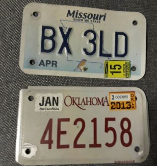 2 Motorcycle License Plates Authentic Metal Missouri & Oklahoma