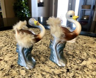 Rare Vintage Norcrest 4” Feathered Ostrich Salt And Pepper Shakers