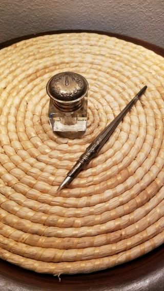 Antique Sterling Silver Fountain Pen With Sterling Silver And Glass Inkwell